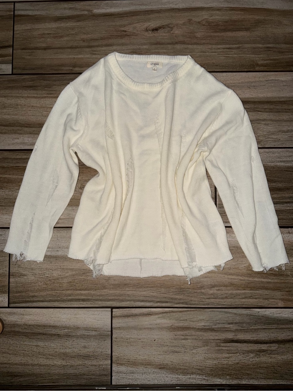 Umgee Cream Distressed Crewneck Sweater